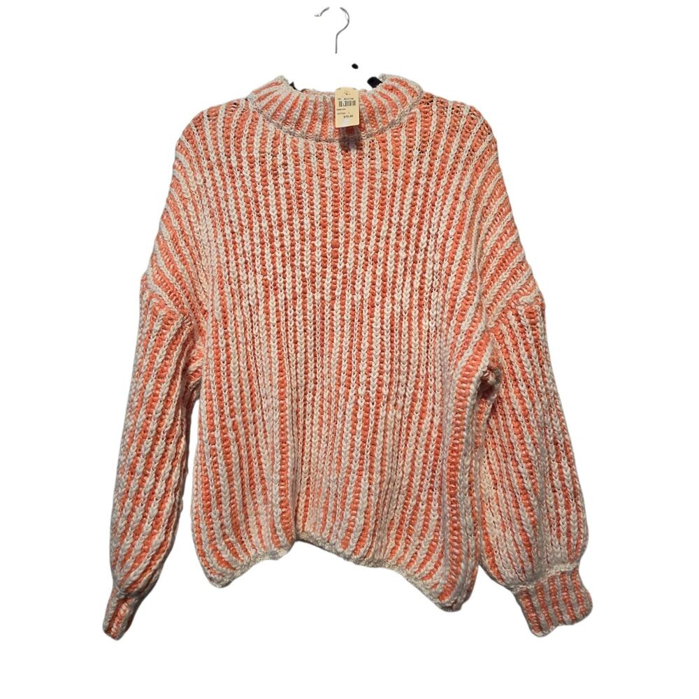 POL NEW Funnel Neck Ribbed Striped Sweater Womens LG Orange Cream Balloon Boho